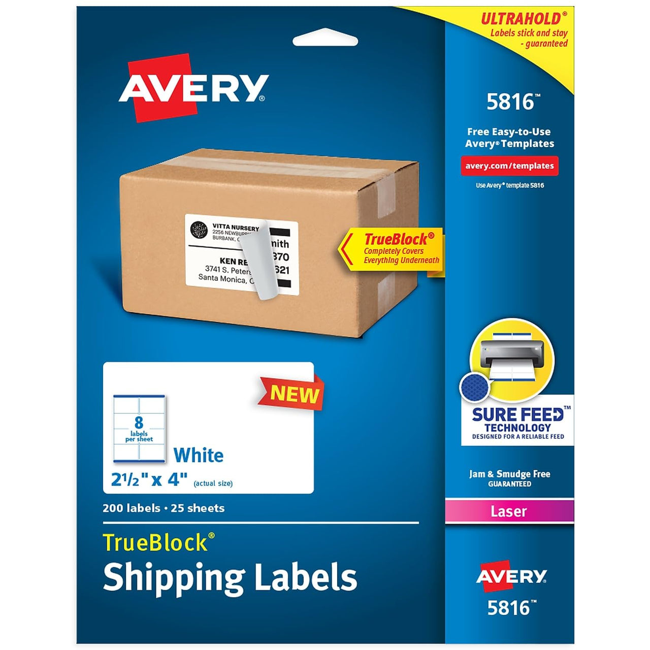 Avery Printable Blank Shipping Labels, 2.5" x 4", White, 200 Labels, Laser Printer, Permanent Adhesive (5816)