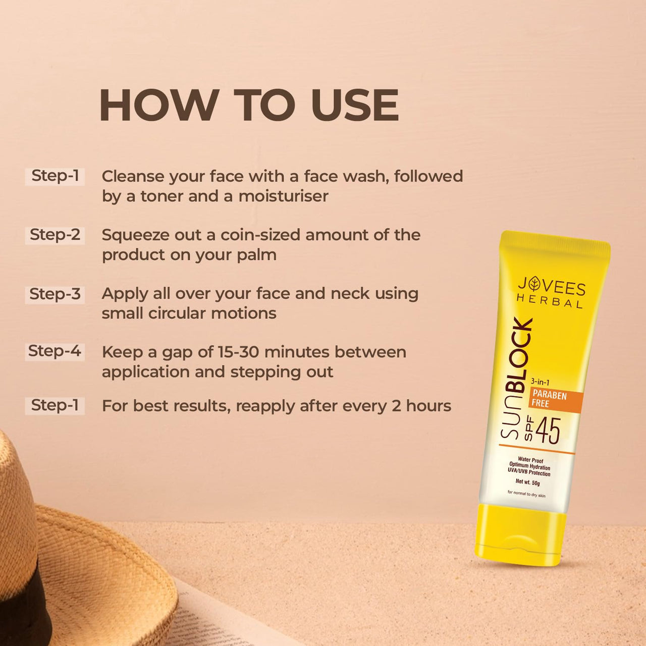 Jovees Herbal Sun Block SPF 45 For Even Toned & Glowing Skin | Suitable For Dry Skin | Sunscreen for UVA/UVB & Blue Light Protection | Lightweight & Non Grassy for Men & Women 50g