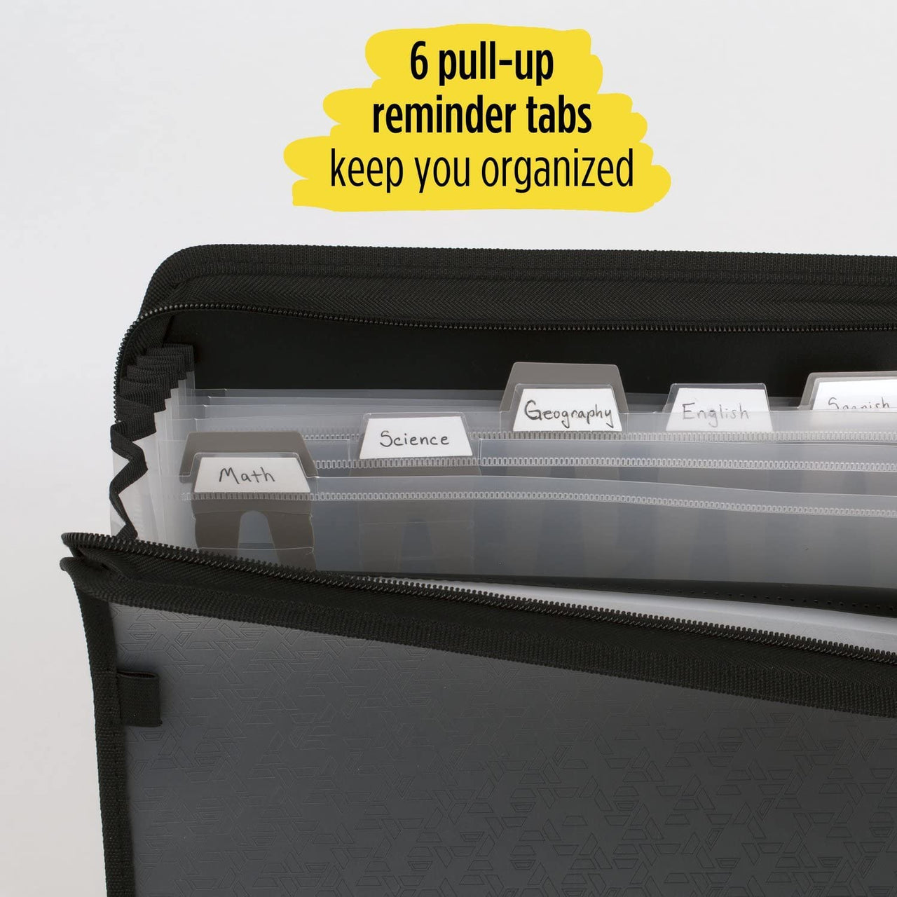 Five Star 7 Pocket Expanding File Organizer, Plastic Expandable File Folders with Customizable Tabs & Clear Cover, Holds 11" x 8-1/2", Zipper Closure, Black (72709)