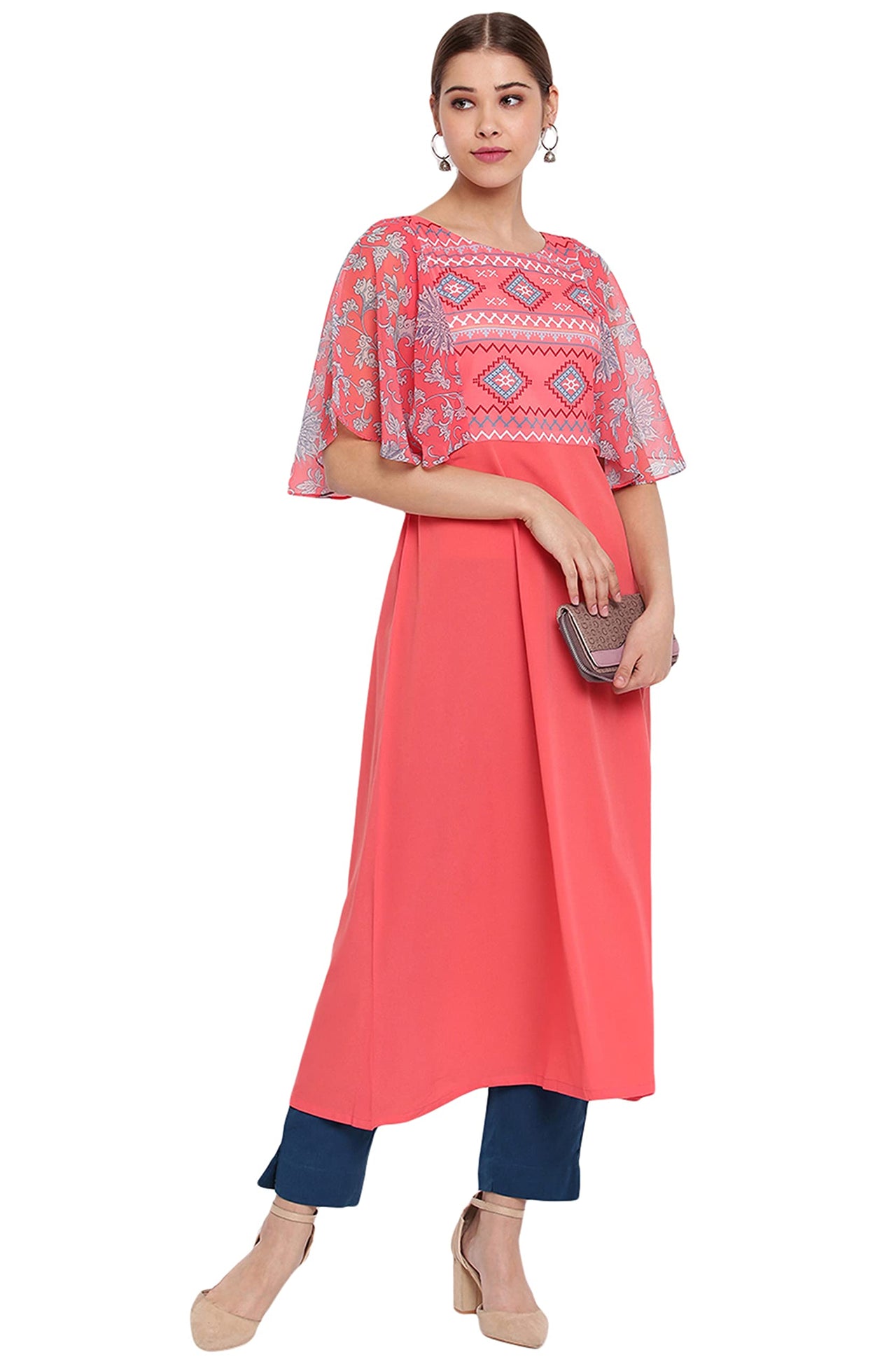 Janasya Women's  Coral Poly Crepe Kurta