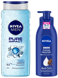 NIVEA Men Body Wash, 500 ml & NIVEA Body Lotion for Very Dry Skin, Cocoa Nourish, with Coconut Oil & Cocoa Butter, 400 ml