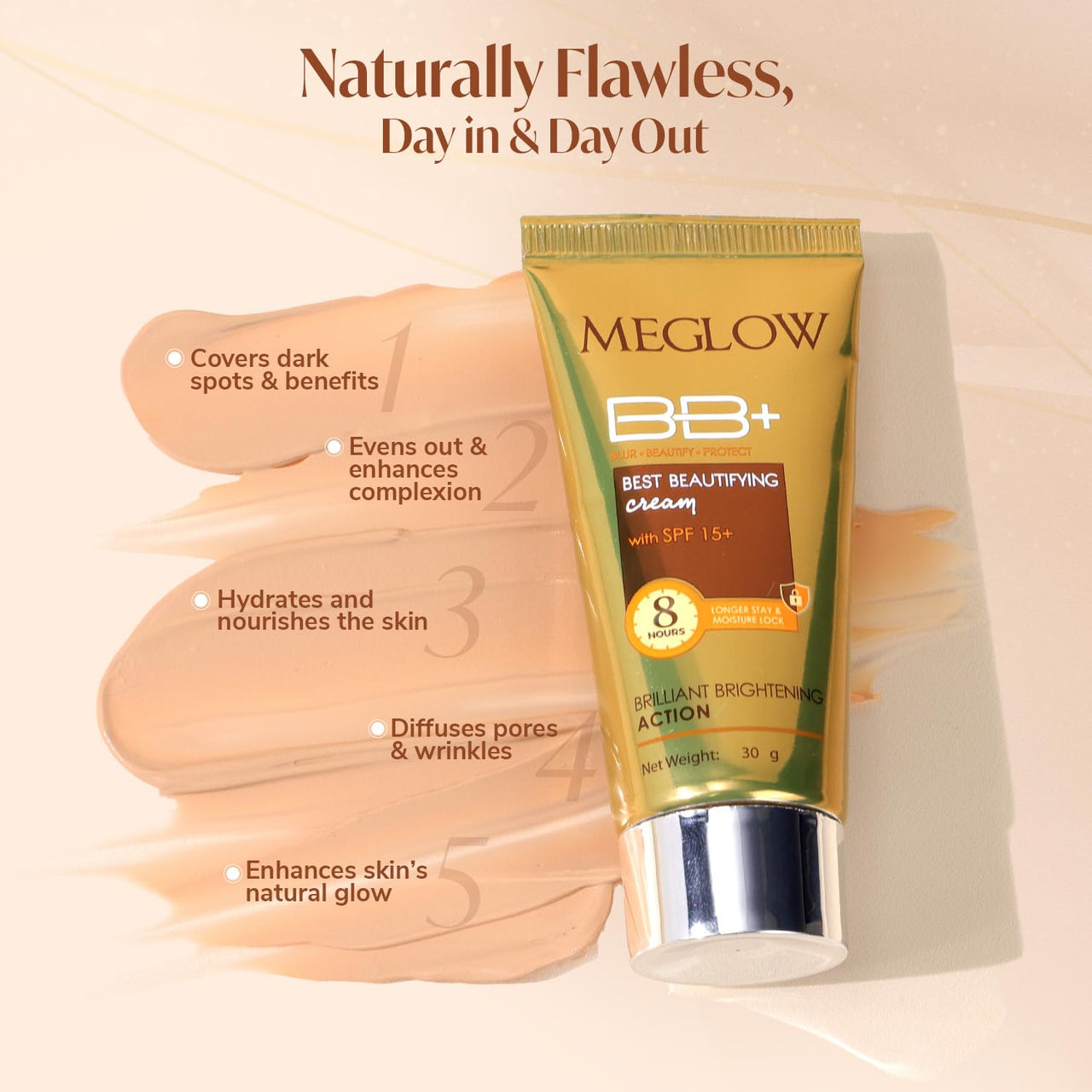 Meglow Best Beautifying BB+ Cream with SPF 15+ for Face Makeup | Skin brightening Cream for Instant Glow