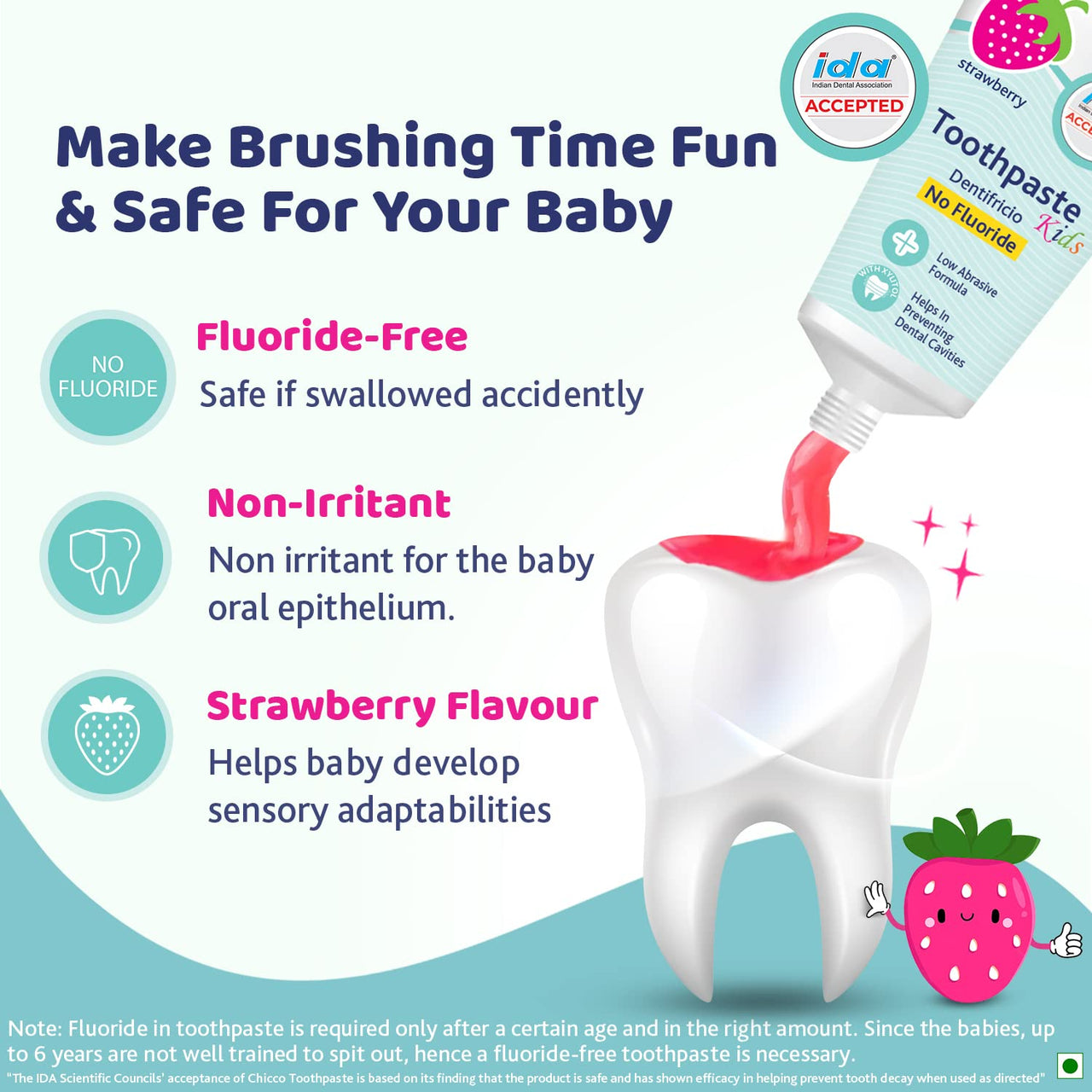 Chicco Toothpaste for Kids, Best for Baby (1y-6y), Strawberry Flavour, 50g | Fluoride-Free & Low Abrasive | Removes Plaque, Helps Prevent Cavities | IDA Accepted