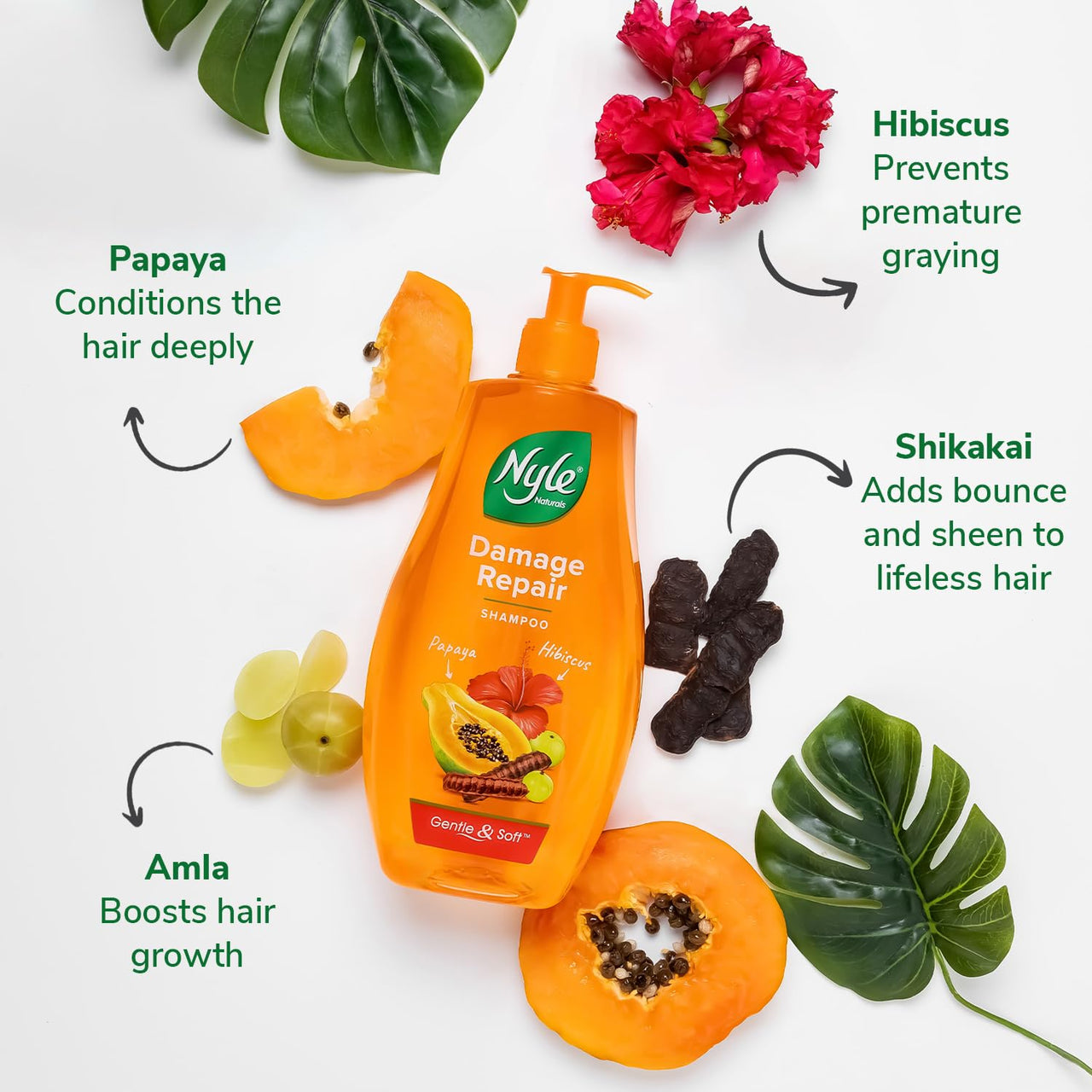 Nyle Naturals Damage Repair Shampoo 400 ml | Hair Repairing Shampoo with Papaya, Hibiscus, & Shikakai | pH Balanced & Paraben Free Gentle & Soft Shampoo For Women & Men