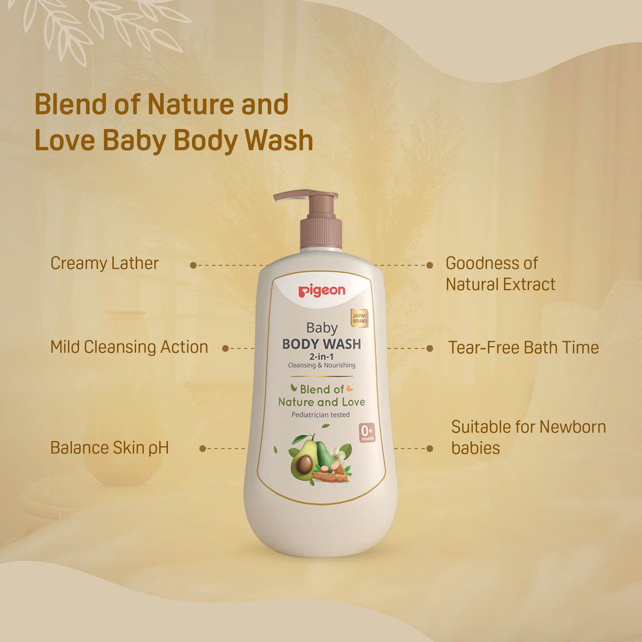 Pigeon 2-in-1 Baby Body Wash For Cleansing & Nourishing, Enriched With Avocado Oil & Marshmallow Extract, Parabens Frew, SLS & SLES Free - 500 ml
