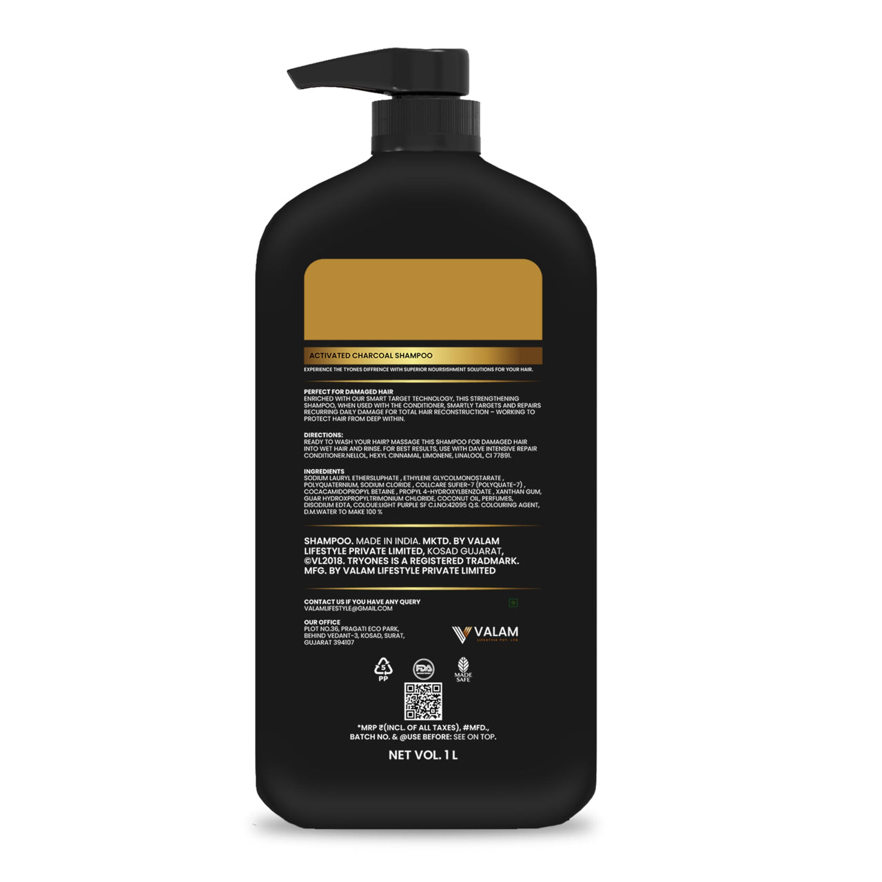 TryOnes Activated Charcoal Hair Shampoo for Men & Women with Keratin (No Sulphate, Parabens or Silicons), Eliminate Dandruff, Improve Hair Growth_1000 ml