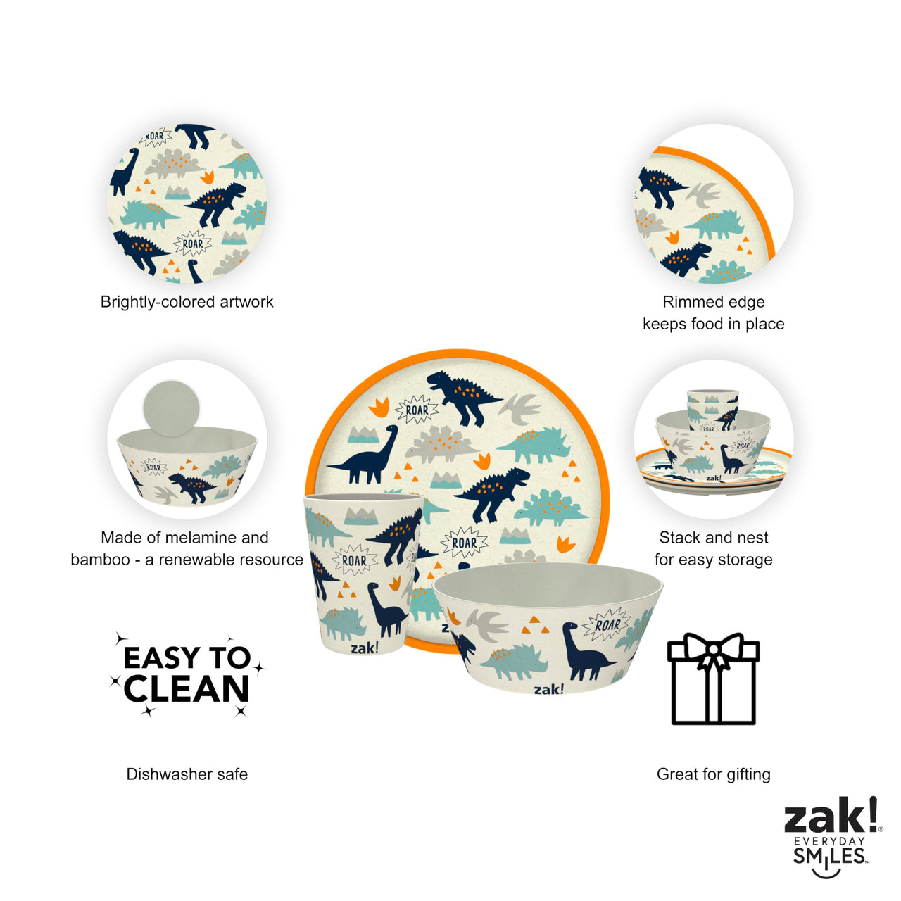 Zak Designs Kids Dinnerware Set 3 Pieces, Durable and Sustainable Melamine Bamboo Plate, Bowl, and Tumbler are Perfect For Dinner Time With Family (Zaksaurus) 8" Plate, 6" Bowl, 10oz Tumbler Zaksaurus