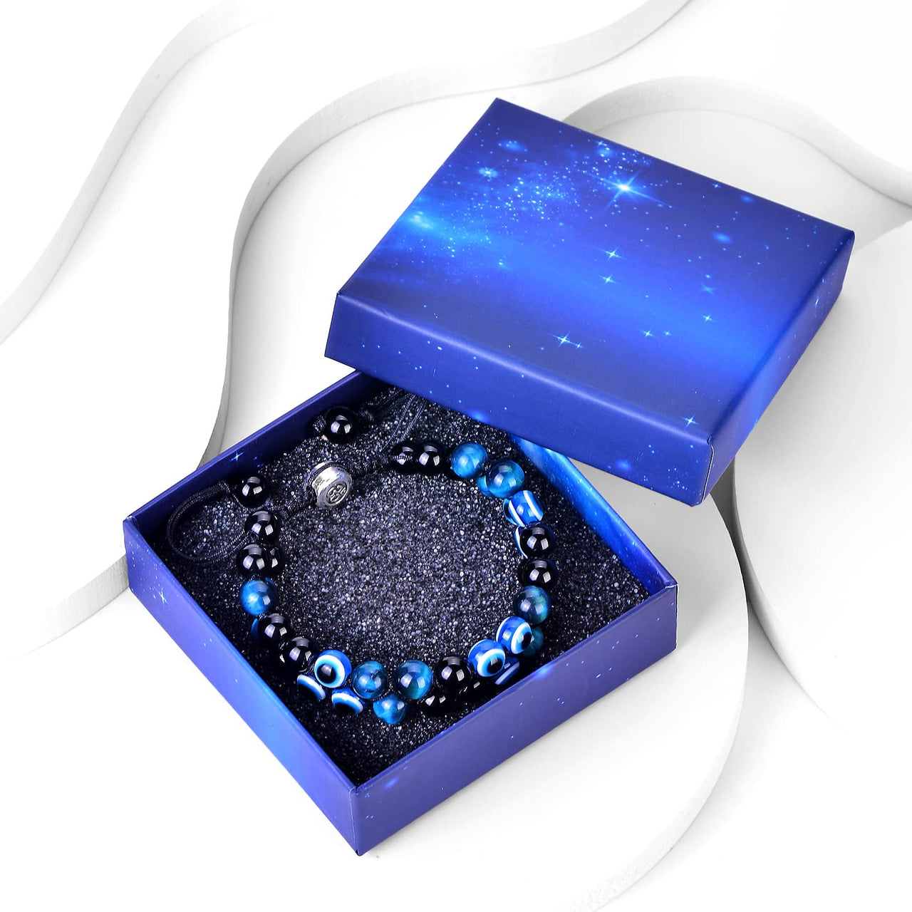 Triple Protection Bracelet 8MM Blue Tiger Eye Evil Eye Black Onyx Stone Bracelet Healing Crystal Natural Stone Bracelet for Men Women Bring Prosperity Luck (8mm Blue Tiger Eye/Evil Eye/Black Onyx) 8mm Blue Tiger Eye/Evil Eye/Black Onyx