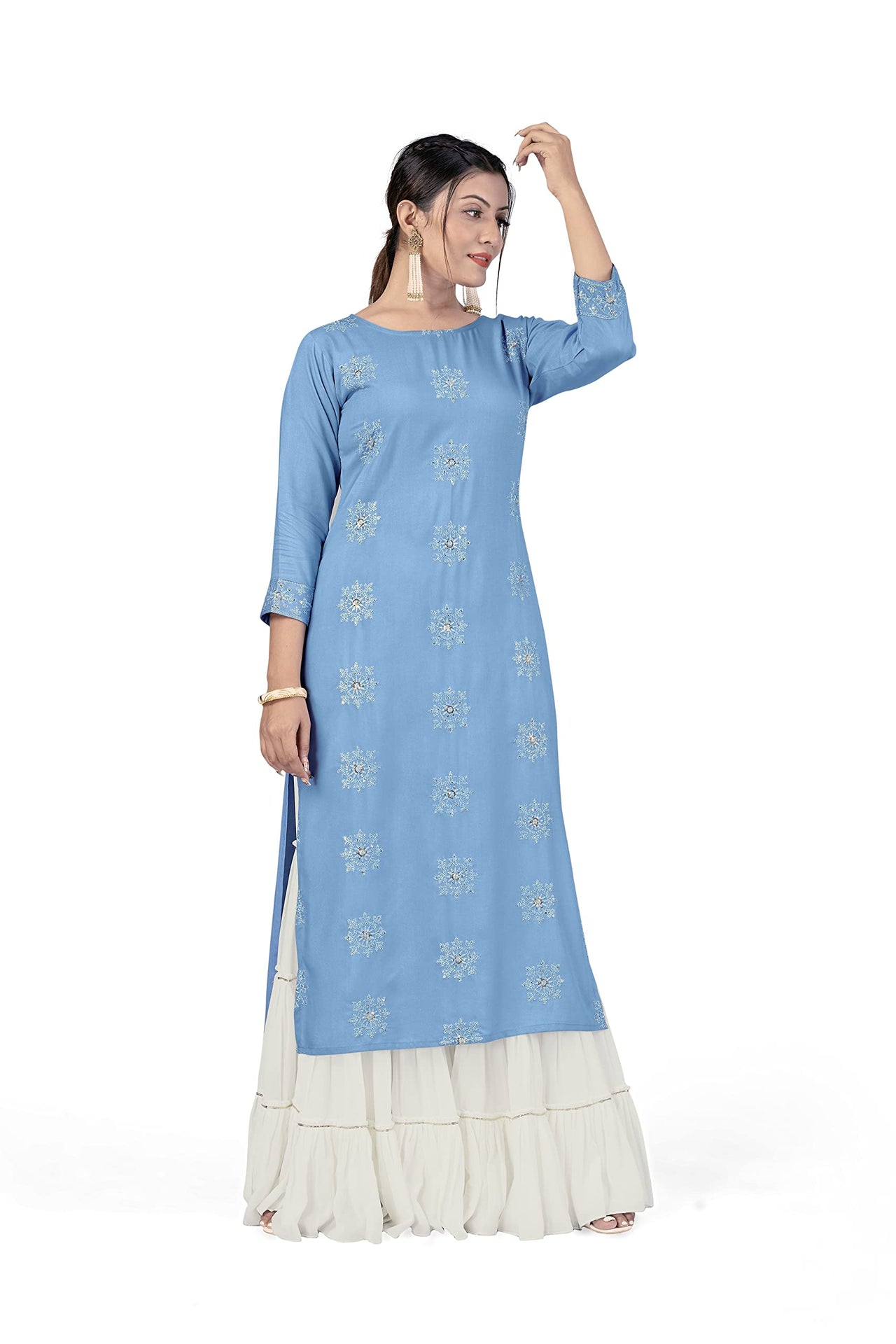 Fashion Dream Women Viscose Rayon Sequence Embroidered Straight Kurti