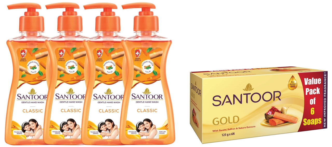 Santoor Gold Soap With Saffron, Sandal & Sakura Extracts, 125G (Pack Of 6) And Classic Gentle Hand Wash, 215Ml (Pack Of 2) With Natural Goodness Of Sandalwood & Tulsi