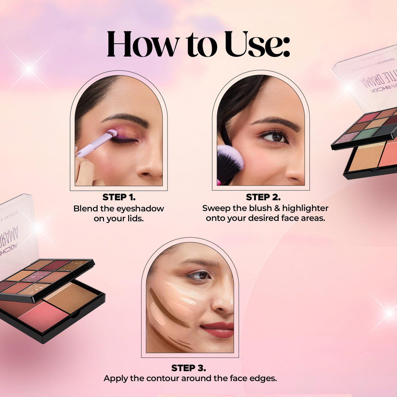 Hilary Rhoda Transform Face Palette | 9 Eyeshadows | 2 Blushes | Highlighter & Contour | Highly Pigmented | Available in 2 Variants | Matte & Shimmer Finish | All-in-One Kit | 18g (Little Drama - Shade 02)