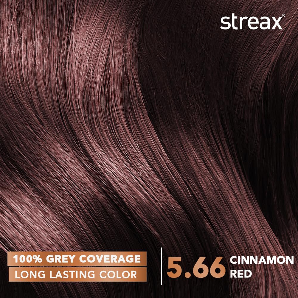 Streax Permanent Hair Colour, 100% Grey coverage, Infused with Argan and Walnut Oil, Long Lasting Cream Hair Colour for Women, Red Hair Colour, 5.66 Cinnamon Red, 120 ml, Pack of 1