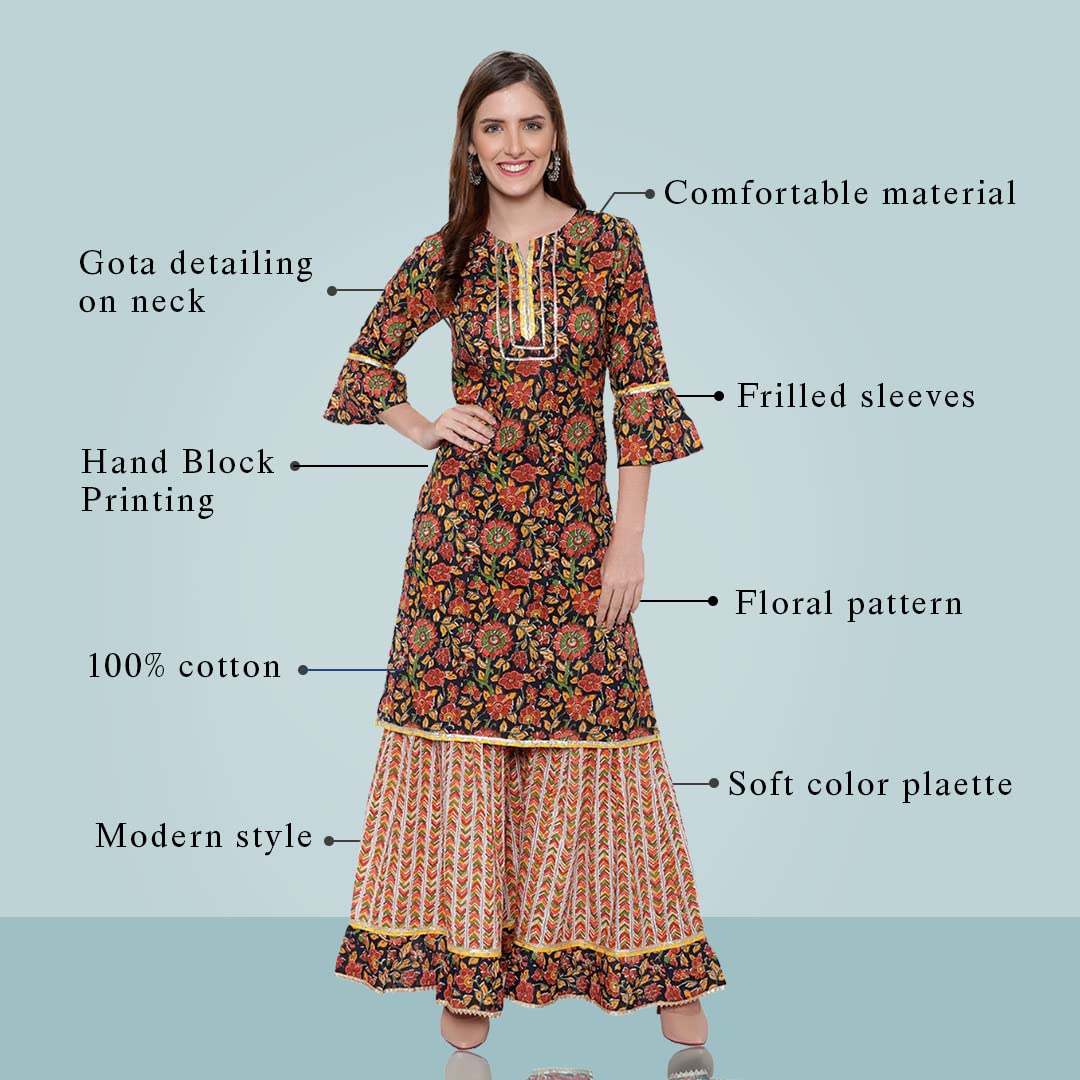 DiRaVee Girls/Women Gauhar Faizah Sanganeri Printed Sharara Kurta Set