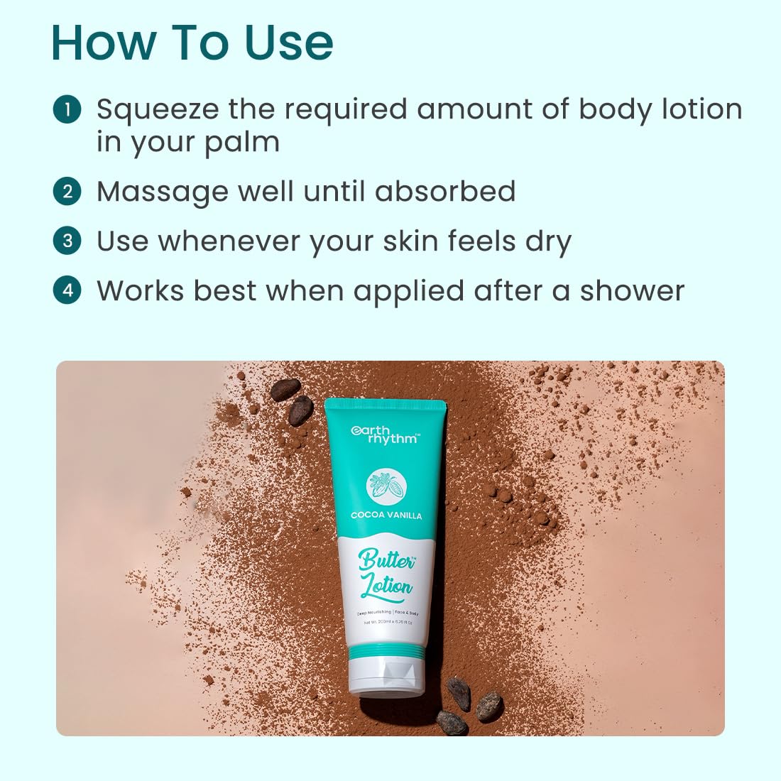 Earth Rhythm Cocoa Vanilla Butter Body Lotion | Deeply Nourishing, Soothing Skin, Intensely Hydrates | for All Skin Type | Men & Women – 200ml