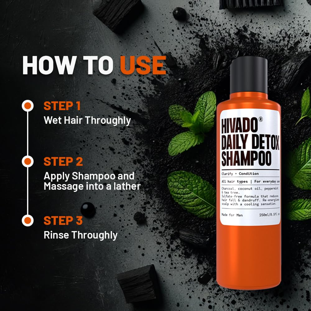 Hivado Daily Detox Shampoo for Men - Anti-Dandruff, Itchy & Flaky Scalp Relief - Fights Build-Up, Dirt, Oil, Hard Water - Tea Tree, Charcoal, Peppermint & Coconut Oil - Sulfate-Free, 250ml