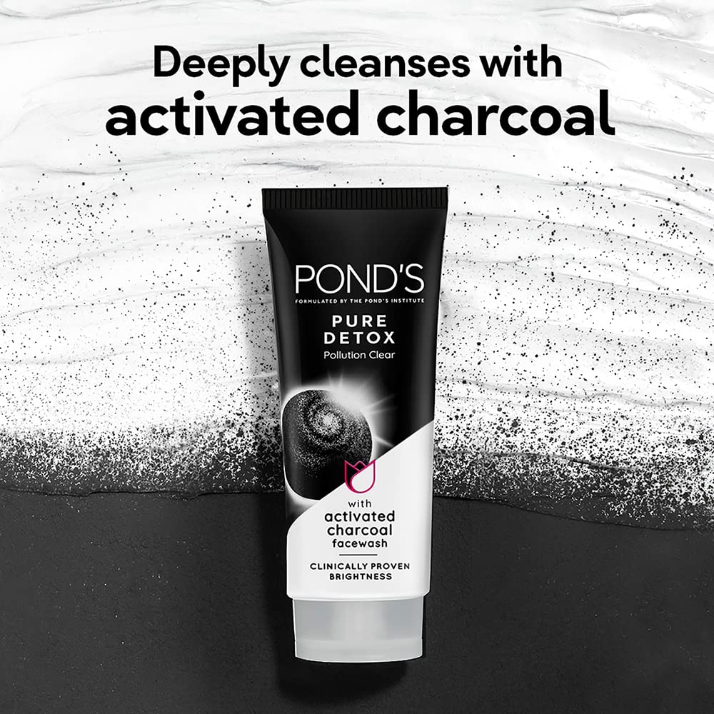 POND's Pure Detox Face Wash 100 g, Daily Exfoliating & Brightening Cleanser, Deep Cleans Oily Skin - With Activated Charcoal for Fresh, Glowing Skin (Pack of 2)