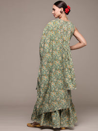 anubhutee Women's  Green Mirror Work Embroidered Printed Kurta Set with Sharara and Dupatta L