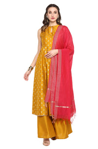 Janasya Women's  Mustard Poly Silk Gold Print Kurta with Palazzo and Dupatta