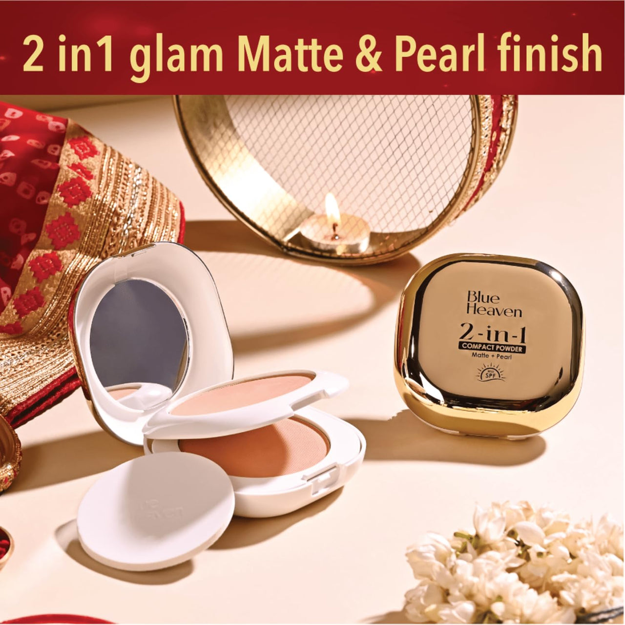 Blue Heaven 2-In-1 Festive Compact Powder For Women Infused With Vitamin E |All Skin Pearl & Matte Finish | SPF Protection | 8-Hour Oil Control | Face Powder For Glowing Skin|Cream| 18Gm