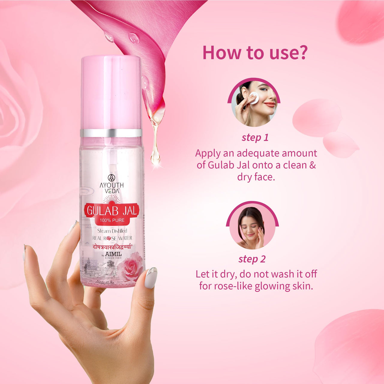 Ayouthveda Gulab Jal Steam Distilled Real Rose Water Pure & Natural Rose Water & Skin Toner | Organic and Chemical Free Makeup Remover | Ideal For Daily Use (Pack Of 1-100ml)