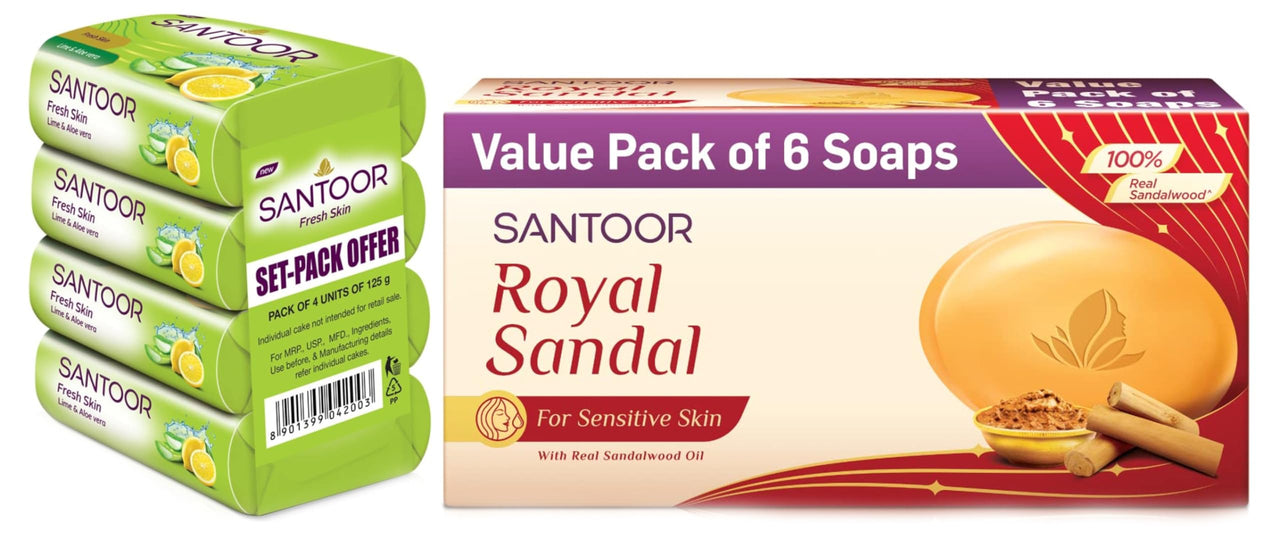 SANTOOR Royal Sandal, 6x125g&Santoor Aloe Fresh Soap with Aloe Vera and Lime for Radiant Looking Skin, 125g, 4 + 1