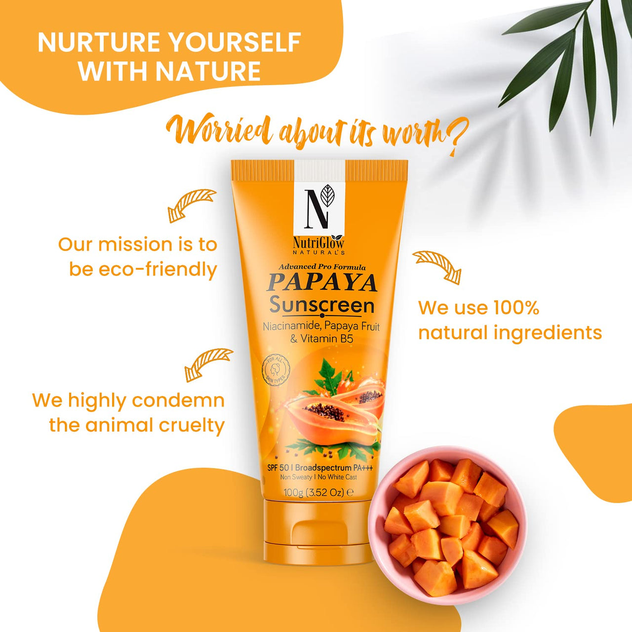 NutriGlow NATURAL'S Advanced Pro Formula Papaya Sunscreen SPF 50, PA+++ No White Cast, Non-Greasy, with Broad Spectrum, UV A & UV B Blue Light Protection, for Men & Women Suitable for Oily, Dry, Sensitive & Combination Skin (100 g)