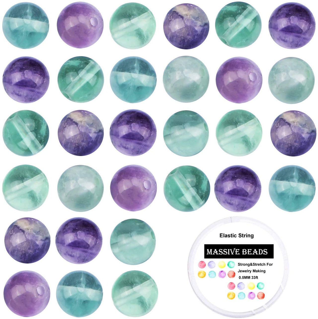 100Pcs Natural Crystal Beads Stone Gemstone Round Loose Energy Healing Beads with Free Crystal Stretch Cord for Jewelry Making (Flourite, 6MM) Flourite