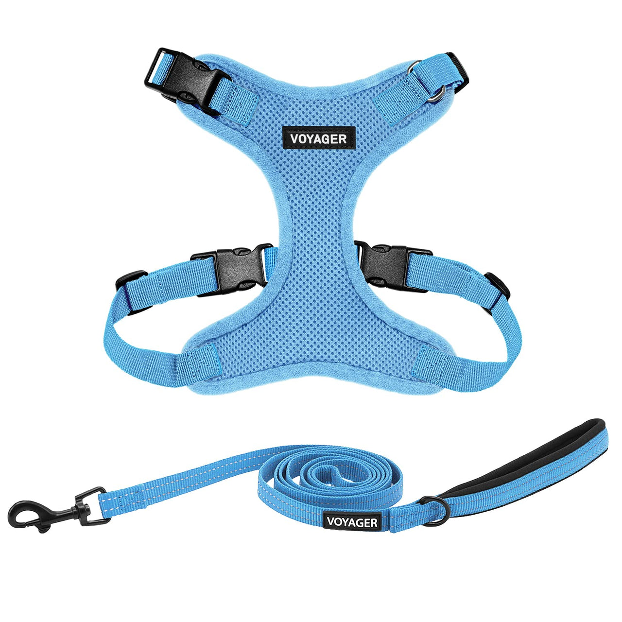 Voyager Step-in Lock Dog Harness w Reflective Dog Leash Combo Set with Neoprene Handle 5ft - Supports Small, Medium and Large Breed Puppies/Cats by Best Pet Supplies - Baby Blue, XS