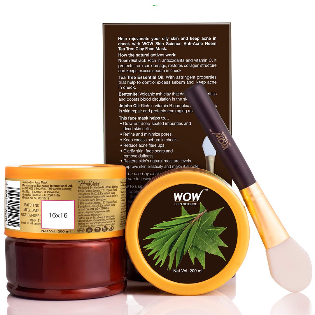 WOW Skin Science Anti-Acne Neem & Tea Tree Clay Face Mask for Refreshing & Refining Acne Prone Skin - For All Skin Types - No Parabens, Sulphate & Mineral Oil, 200 ml