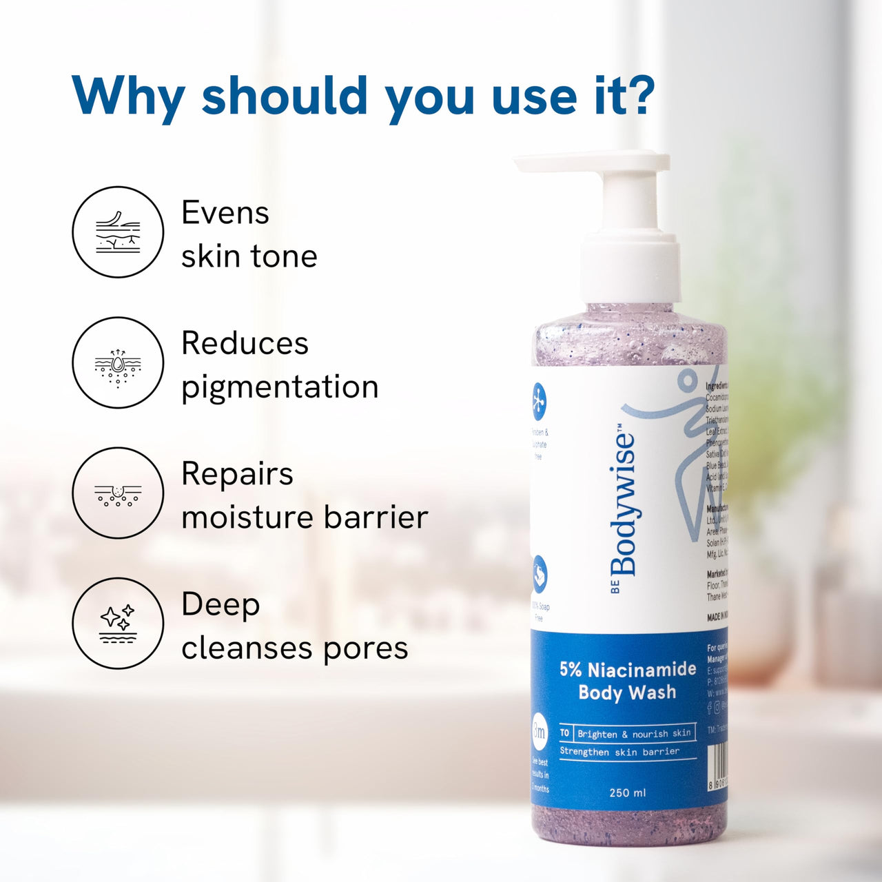 Be Bodywise 5% Niacinamide Brightening Body Wash | Hydrates & Deep Cleanses Skin | For Glowing & Hydrated Skin | With Aloe vera, Vitamin B3 & E | For All Skin Types | 250ml