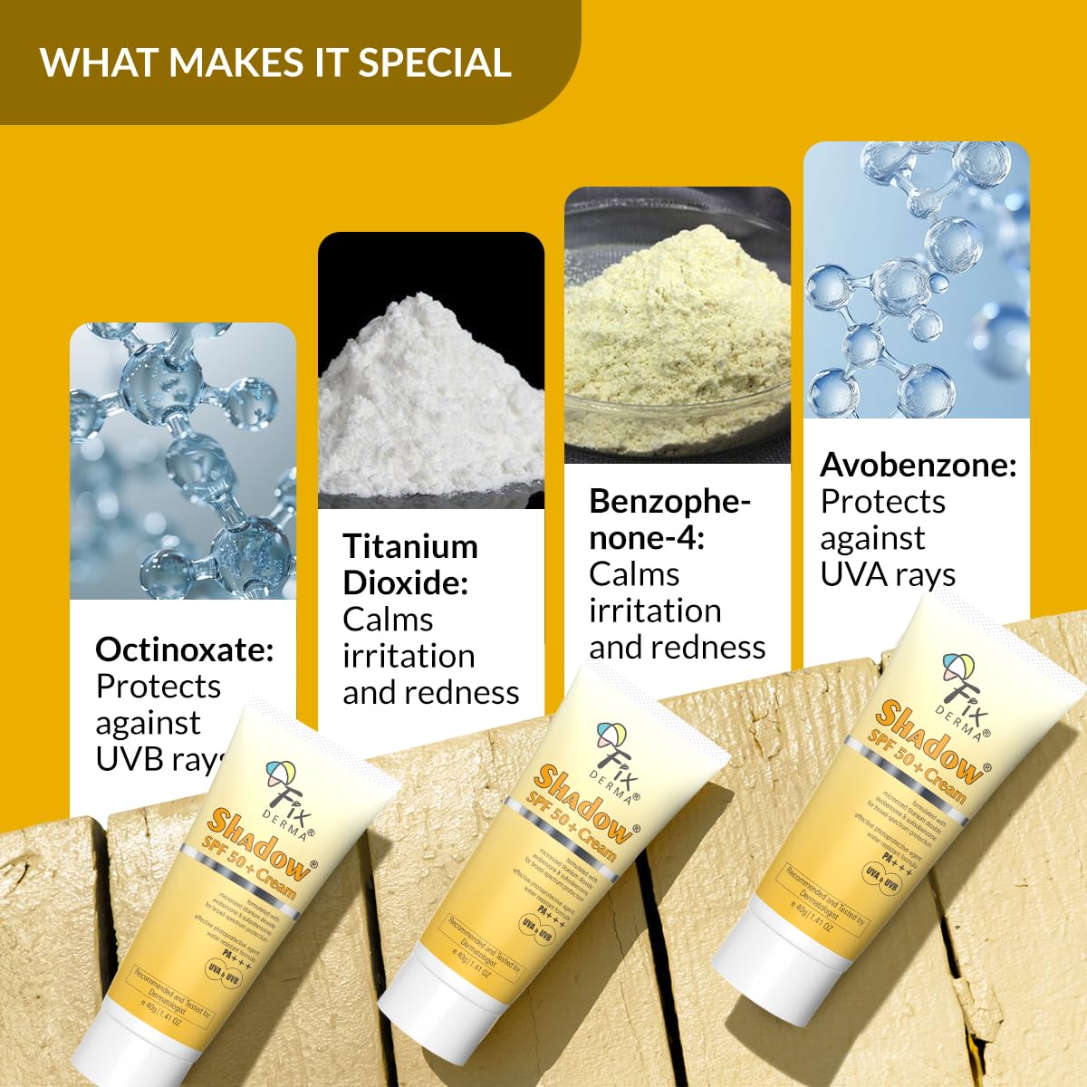 Fixderma Shadow Sunscreen SPF 50+ Cream | Sunscreen for Dry Skin | VA & UVB Protection | Non Greasy & Water Resistant - 40 gm