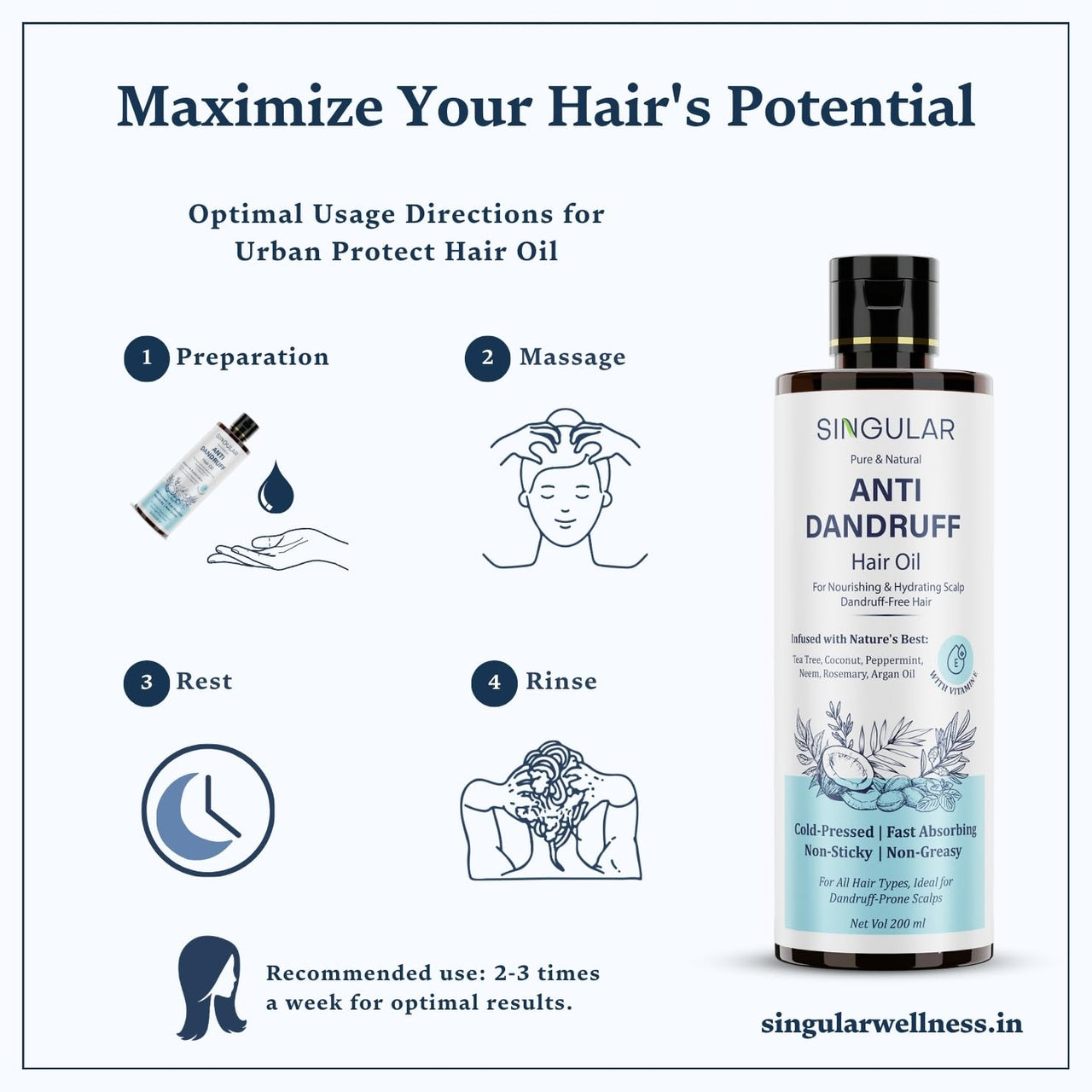 Singular Anti Dandruff Hair Oil for Nourishes & Hydrates Scalp Dandruff-Free Hair | Pure & Natural Cold Pressed Oil Infused with Nature's Best Tea Tree, Coconut, Peppermint, Neem, Rosemary, Argan Oil with Vitamin E | Ideal for Dandruff-Prone Scalp | 400 m