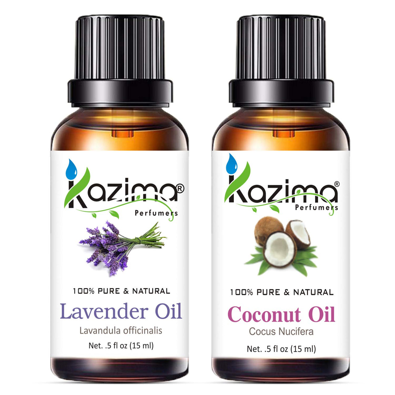 KAZIMA Combo of Lavender Essential Oil and Coconut Carrier Oil - 100% Pure & Natural Oil for Acne, Skin Lightening, Wrinkles, Hair Growth, Dandruff & Aromatherapy, 15 ml each