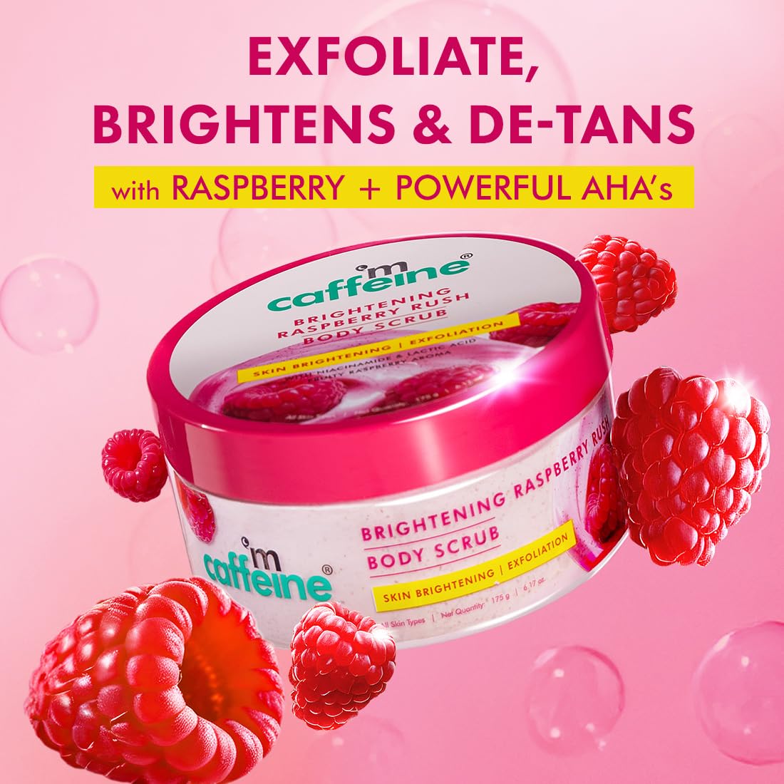mCaffeine Brightening Raspberry Body Scrub | Tan Removal | AHAs - Lactic & Glycolic Acid, Niacinamide | Vitamin C Rich for Brighter, Soft Skin | Remove Dry, Dead Skin | Fruity Berries Aroma - 175g