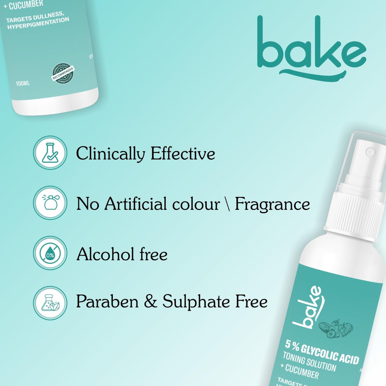 BAKE 5% Glycolic Acid Toner with Hyaluronic Acid for Pigmentation, Tan Removal & Pore Tightening | For Combination skin, Oily, Acne Prone skin | Glowing & Brightening Skin | 100ml
