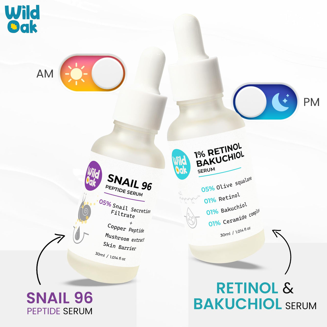 WildOak 1% Retinol Bakuchiol Ceramides Face Serum | Anti-Aging, Brightening & Skin Texture Improvement | Boosts Collagen & Restoration | Bakuchiol is Powerful for Skin Barrier & Gentle on Skin | 30ml