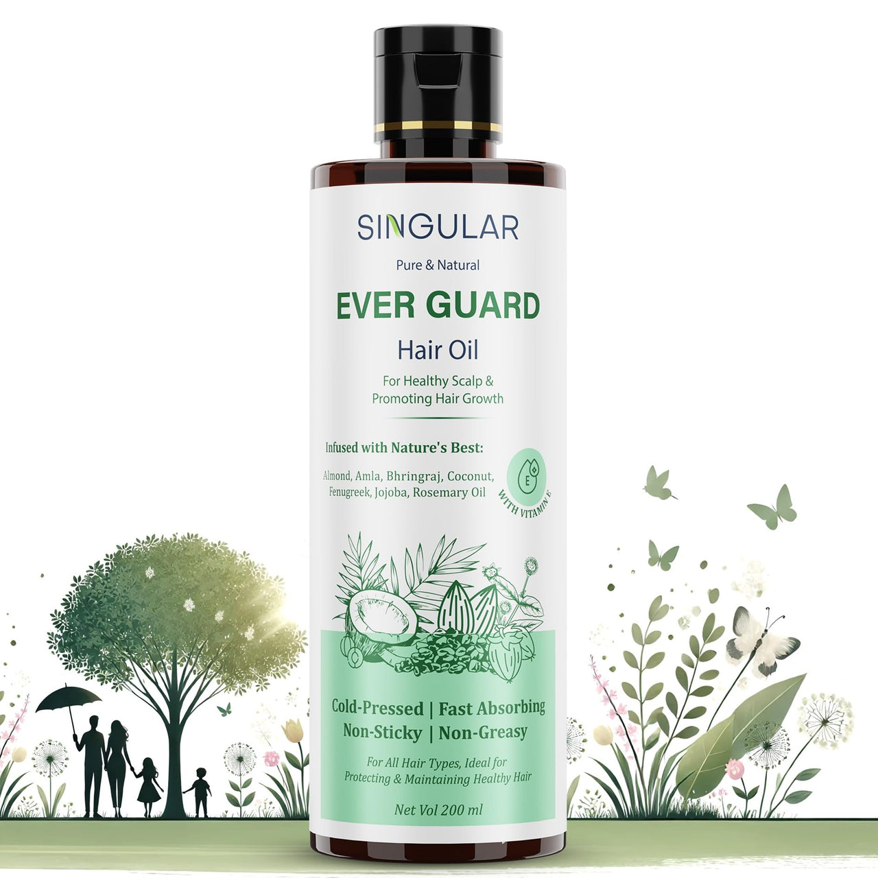 Singular Ever Guard Hair Oil for Men & Women | Hair Growth & Hair Fall Control | Cold-Pressed Blend of Argan, Almond, Bhringraj, Rosemary Oil & Vitamin E (200 ml)