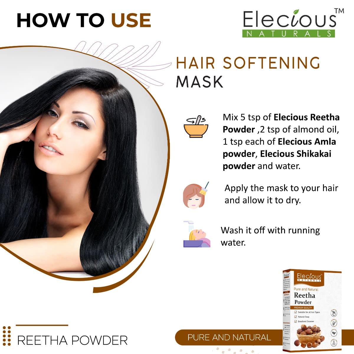 Elecious Pure Reetha Powder for Hair (200 Grams) | Ideal for Hair, Face and Skin | Soapnut powder | 100% Pure and Natural, No Chemcial, No Preservative.