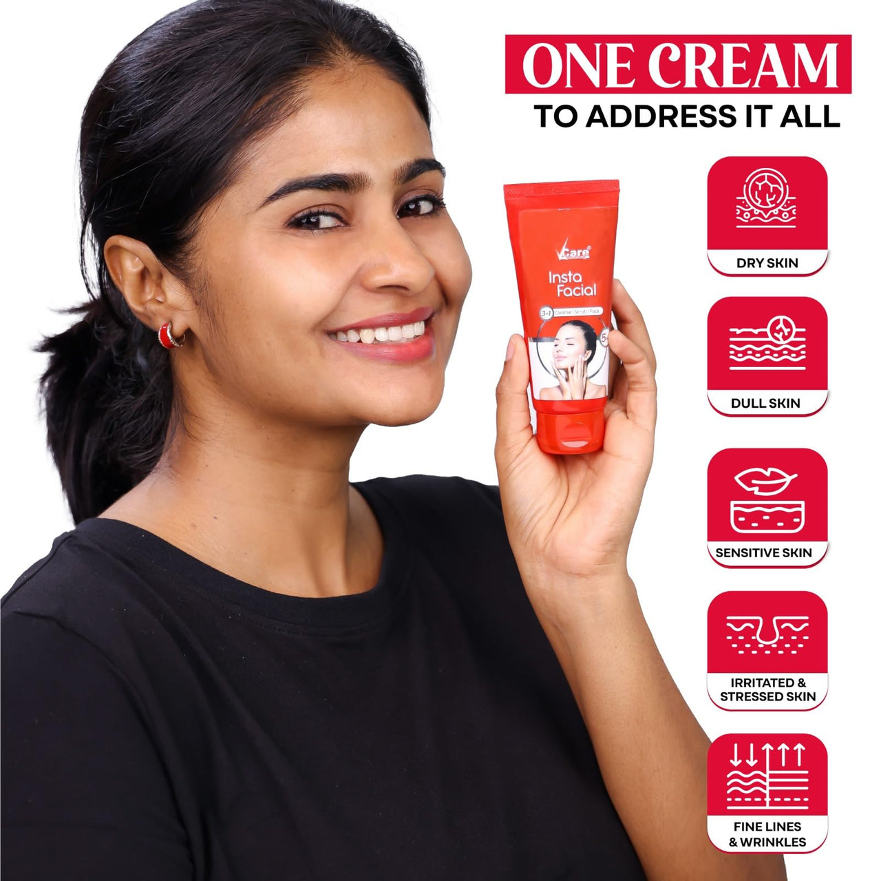 VCare Insta Facial Cream For Face Scrub, Cleanse And Skin Care Mask For Oily And Dry Skin | Instant Glow Brightening Face Pack With Songyi Mushroom And Walnut 50 Gm