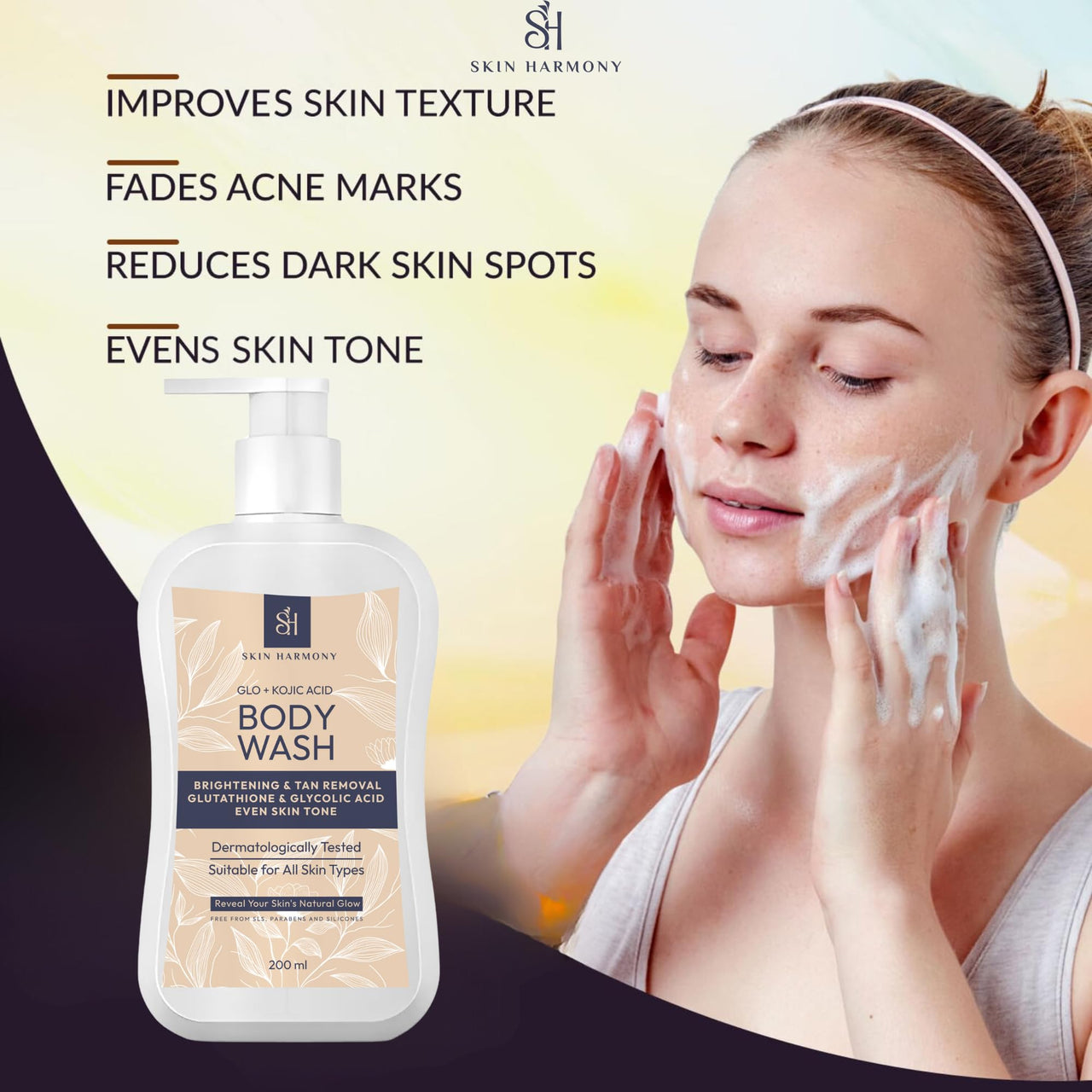 Skin Harmony AHA & BHA Kojic Acid, Glutathione and Glycolic Daily Body Wash for Skin Brightening, 200ml