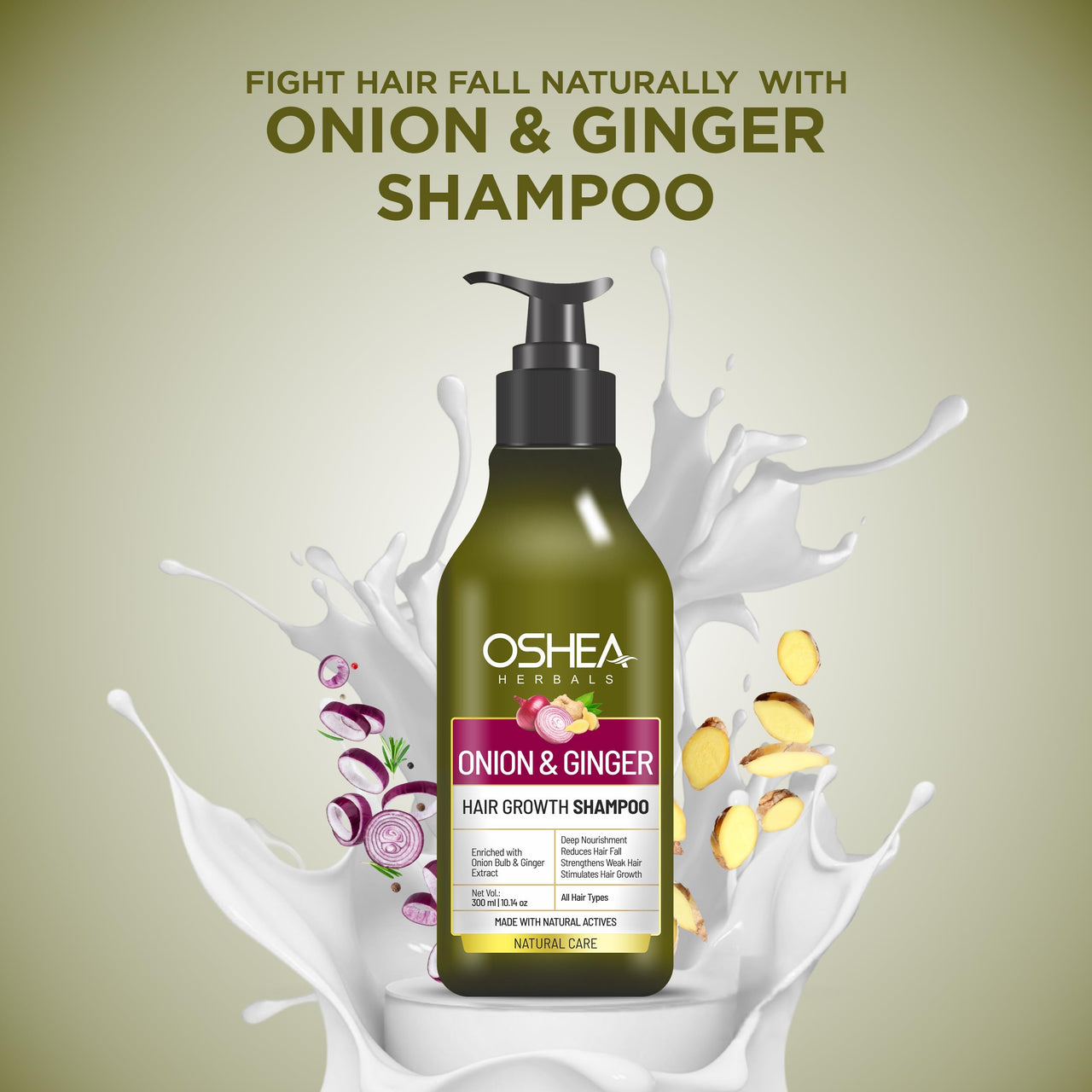 Oshea Herbals Natural Hair Growth Shampoo for Men & Women | Deep Nourishment, Promotes Hair Growth with Controlled Hairfall | Enriched with Onion Bulb & Ginger Extract - 300ml