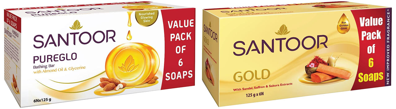 Santoor Gold Soap 125G (Pack Of 6) And Pureglo Glycerine Soap With Almond Oil And Glycerine, 125G (Pack Of 6) For Nourished Glowing Skin