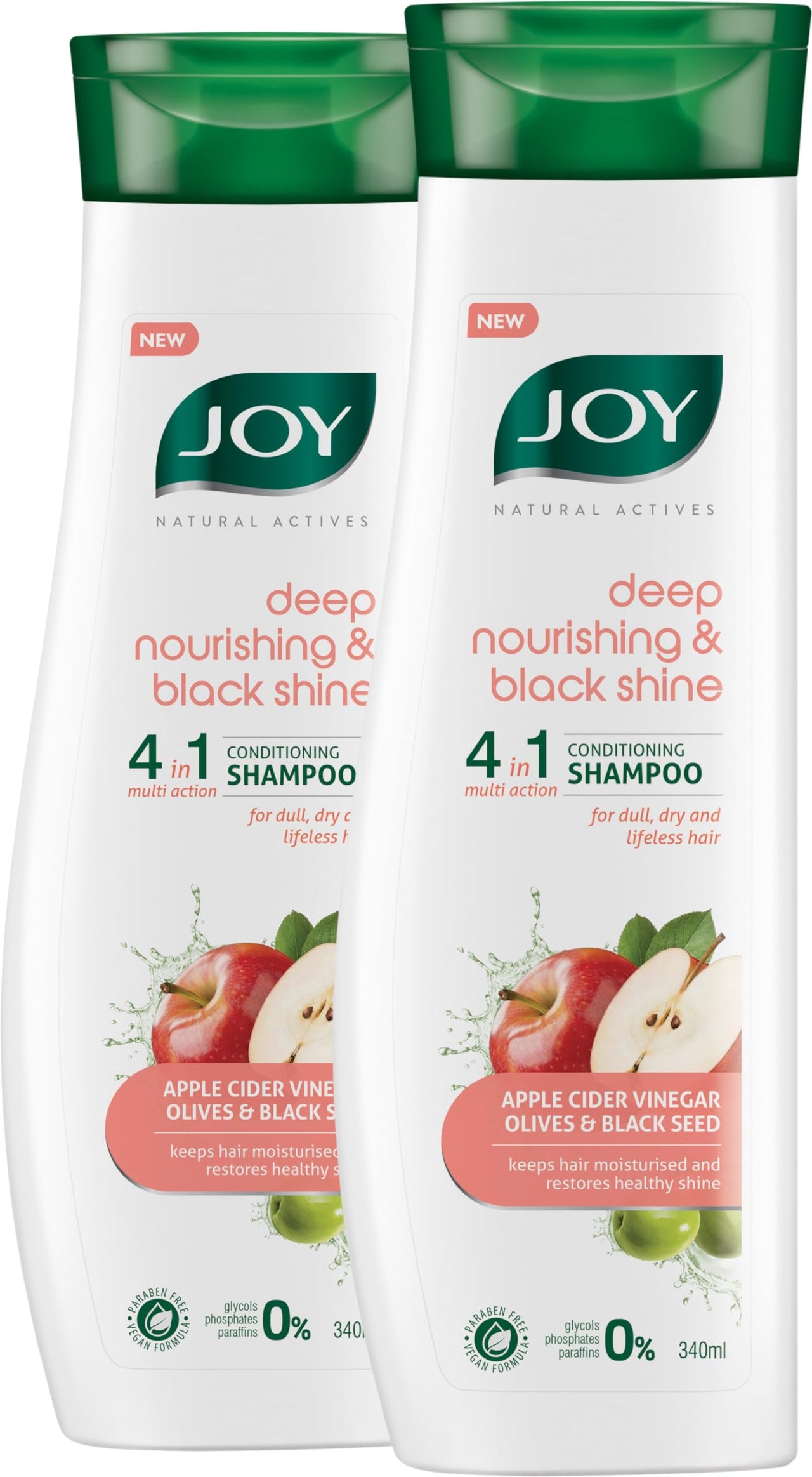 Joy Natural Actives Deep Nourishing & Black Shine 4 in 1 Multi Action Conditioning Shampoo for Dull Hair | With Apple Cider Vinegar, Amla, Back Seed & Olive Oil |(Pack of 2 X 340ml)