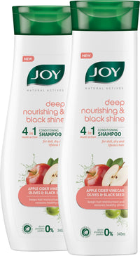 Joy Natural Actives Deep Nourishing & Black Shine 4 in 1 Multi Action Conditioning Shampoo for Dull Hair | With Apple Cider Vinegar, Amla, Back Seed & Olive Oil |(Pack of 2 X 340ml)
