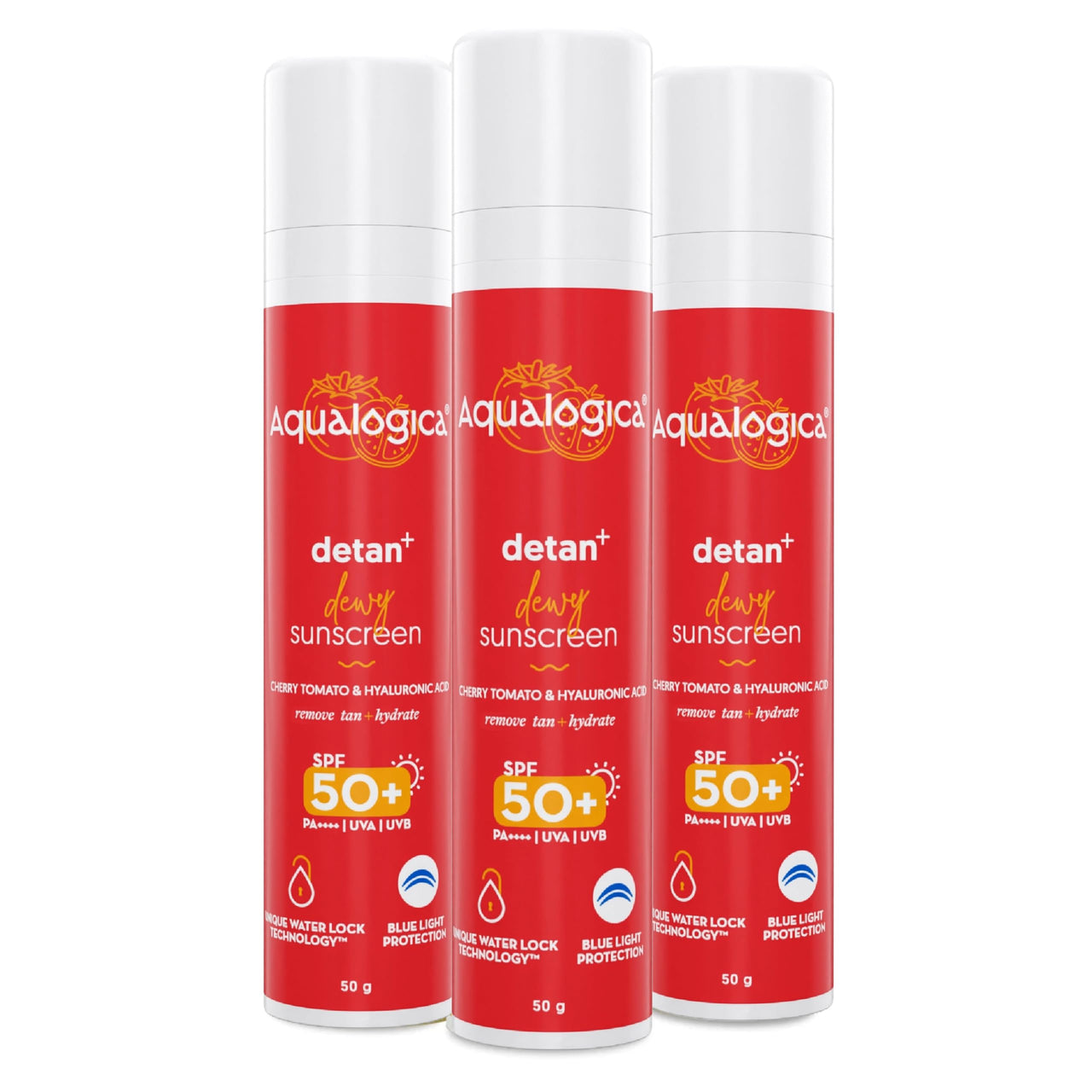 Aqualogica Detan+ Dewy Lightweight Sunscreen with SPF 50+ & PA++++ for UVA/B & Blue Light Protection | Normal, Sensitive & Dry Skin | Tan Removal & No White Cast for Men & Women - 50g| Pack of 3