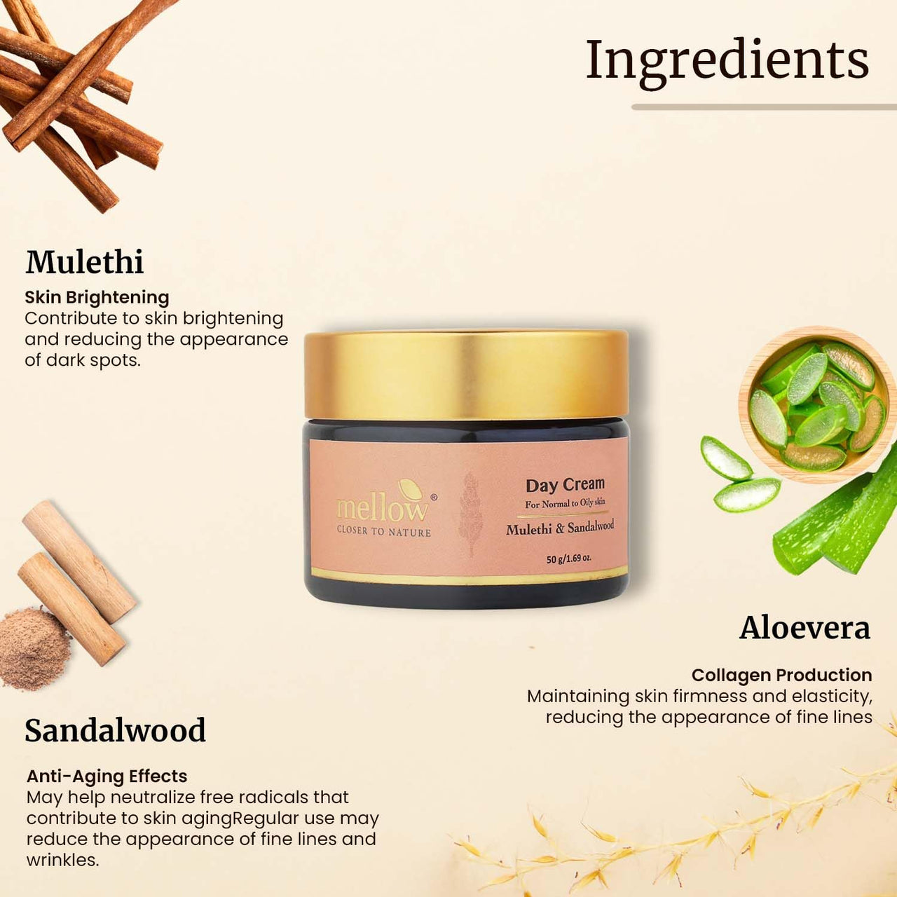 Mellow Mulethi & Sandalwood Day Cream | Lightweight Moisturizer for Oily & Normal Skin | Brightens, Hydrates & Protects from UVA/UVB | Non-Greasy, Fast-Absorbing | 50gm