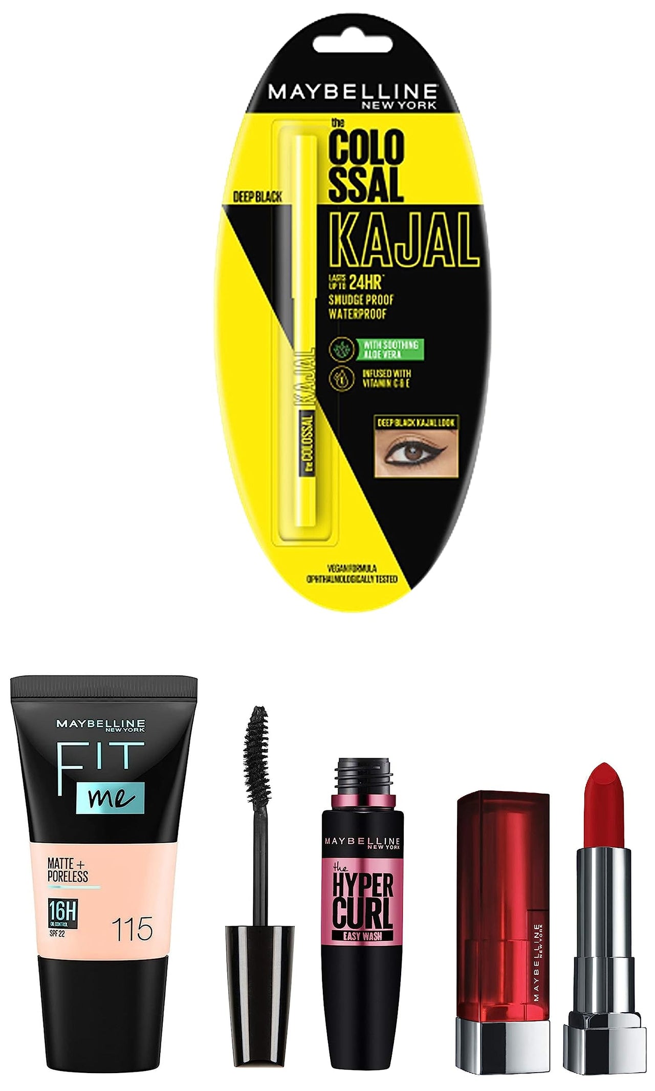 Maybelline New York Date Night Makeup Kit - Fit Me Medium Foundation Tube Ivory + Hypercurl Mascara Washable + Colossal Oily Kajal + Medium Creamy Matte Siren In Scarlet,Oily, Pack Of 1