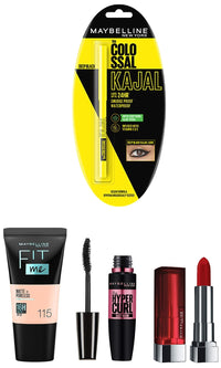 Maybelline New York Date Night Makeup Kit - Fit Me Medium Foundation Tube Ivory + Hypercurl Mascara Washable + Colossal Oily Kajal + Medium Creamy Matte Siren In Scarlet,Oily, Pack Of 1