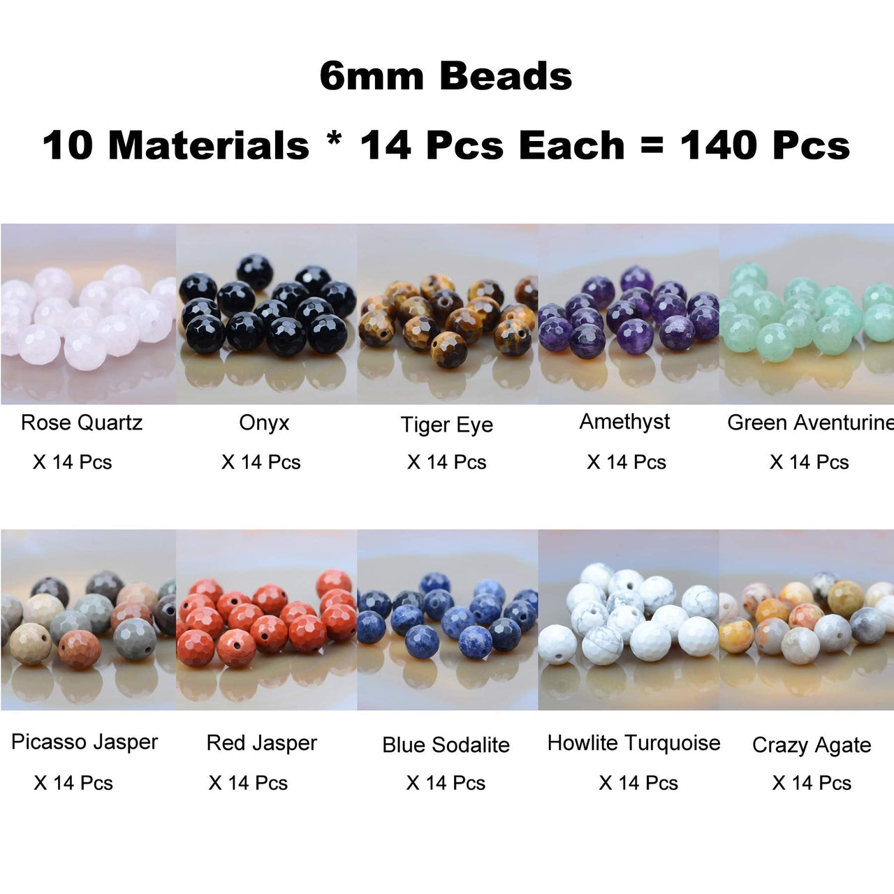 Massive Beads 140PCS 6MM Natural Crystal Beads 10 Materials Faceted Stone Gemstone Round Loose Energy Healing Beads with Free Crystal Stretch Cord for Jewelry Making (Faceted Stone Gems, 6MM) Faceted Stone Gems