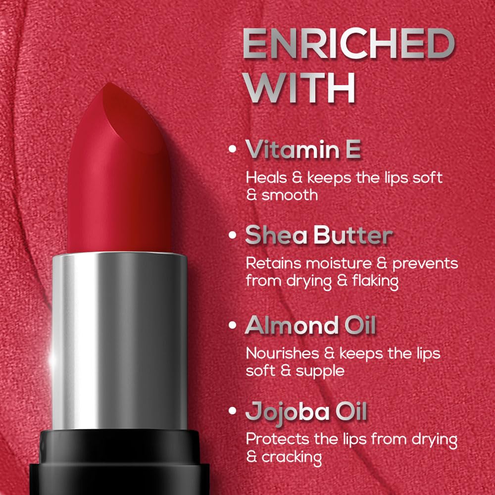 RENEE Prime Matte Lipstick - Rustic Red, Lightweight & Long-Lasting Formula, Creamy Matte Finish, One Swipe Application, Non-Drying, Vitamin E Infused, 4.5Gm